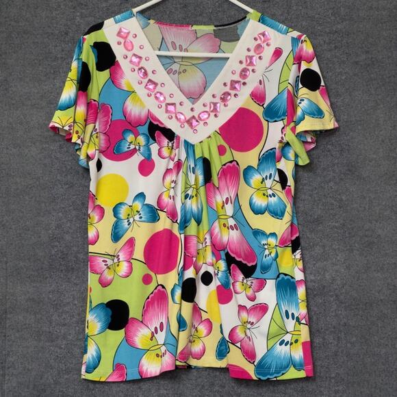 Butterfly Tunic Top Embellished Women M Flutter Sleeve Slinky Knit Whimsy Fairy - Picture 10 of 11